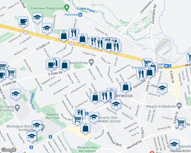 map of restaurants, bars, coffee shops, grocery stores, and more near 7201 Wayne Avenue in Upper Darby