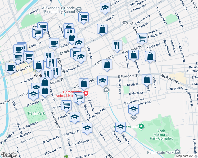map of restaurants, bars, coffee shops, grocery stores, and more near 422 East Prospect Street in York