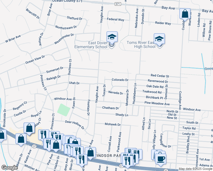 map of restaurants, bars, coffee shops, grocery stores, and more near 1424 Nevada Drive in Toms River
