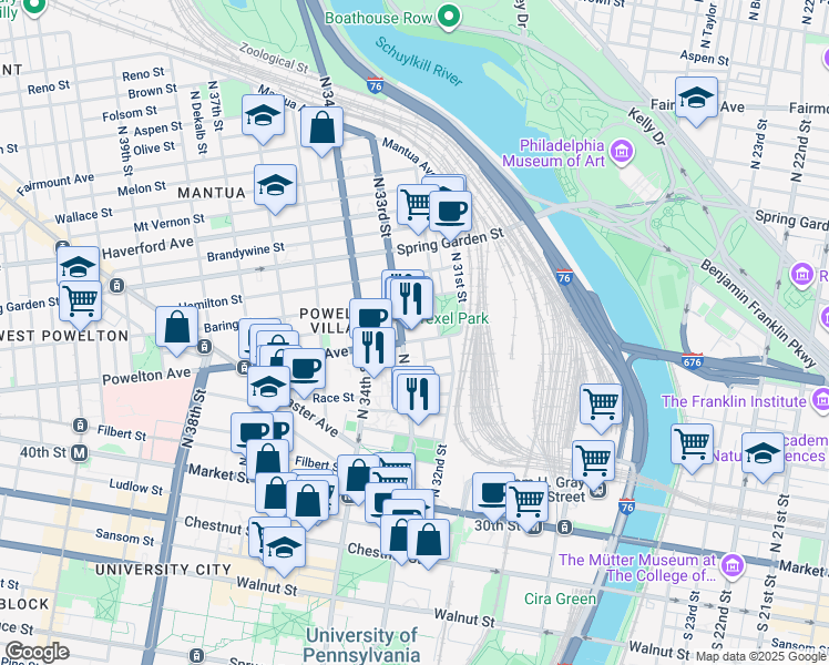 map of restaurants, bars, coffee shops, grocery stores, and more near 3227 Powelton Avenue in Philadelphia
