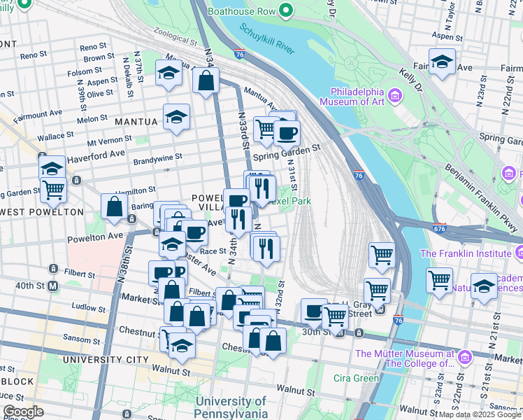 map of restaurants, bars, coffee shops, grocery stores, and more near 3233 Powelton Avenue in Philadelphia