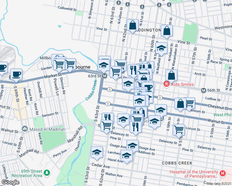 map of restaurants, bars, coffee shops, grocery stores, and more near 6140 Sansom Street in Philadelphia