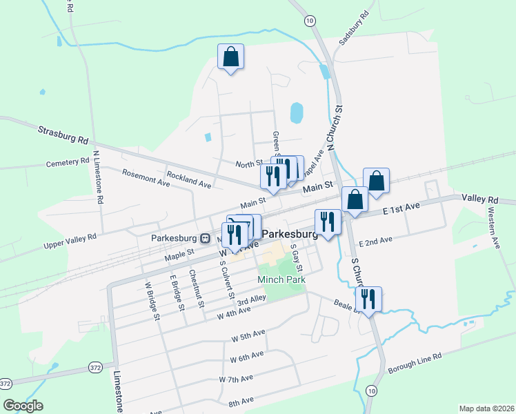map of restaurants, bars, coffee shops, grocery stores, and more near 352 Main Street in Parkesburg
