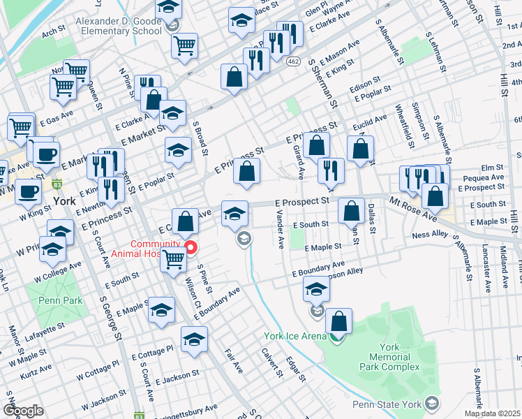 map of restaurants, bars, coffee shops, grocery stores, and more near 514 East Prospect Street in York