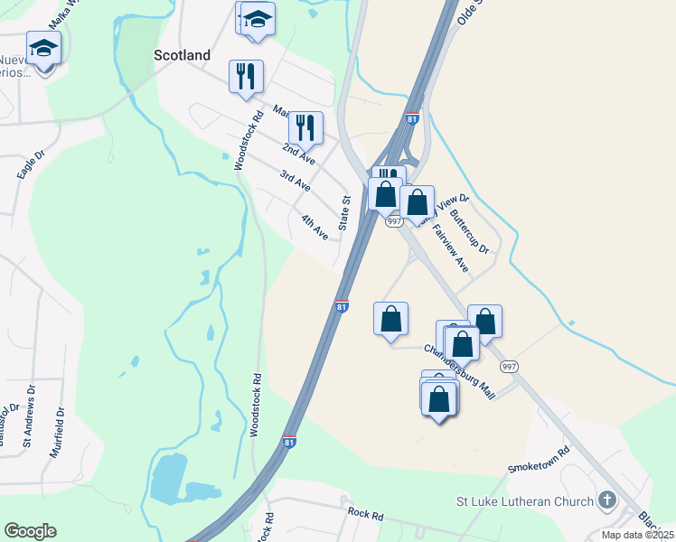 map of restaurants, bars, coffee shops, grocery stores, and more near 1495 State Street in Chambersburg