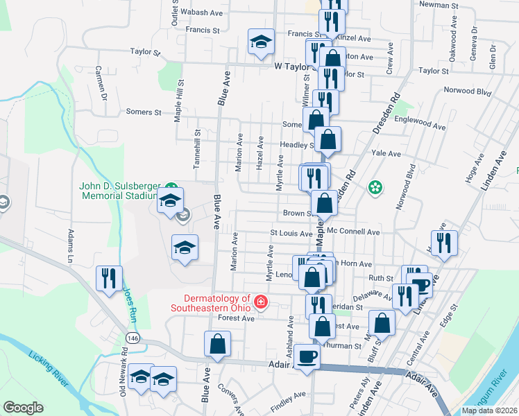 map of restaurants, bars, coffee shops, grocery stores, and more near 817 Saint Louis Avenue in Zanesville