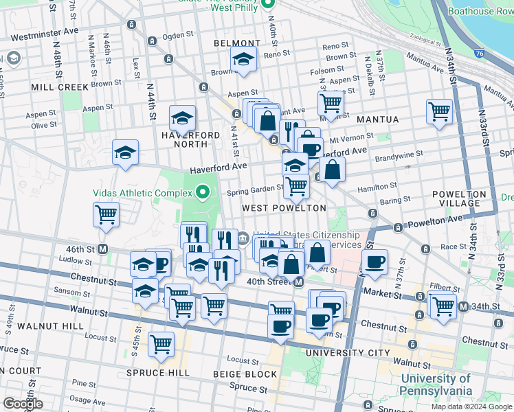map of restaurants, bars, coffee shops, grocery stores, and more near 411 Budd Street in Philadelphia
