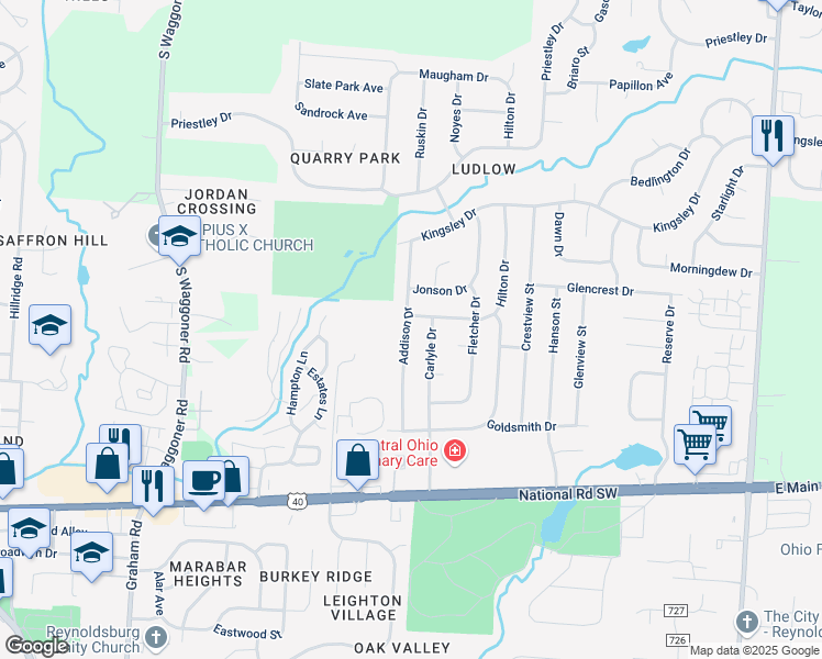map of restaurants, bars, coffee shops, grocery stores, and more near 1259 Addison Drive in Reynoldsburg
