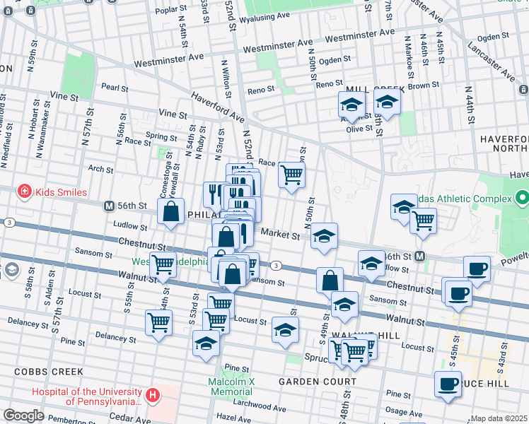 map of restaurants, bars, coffee shops, grocery stores, and more near 35 North Paxon Street in Philadelphia