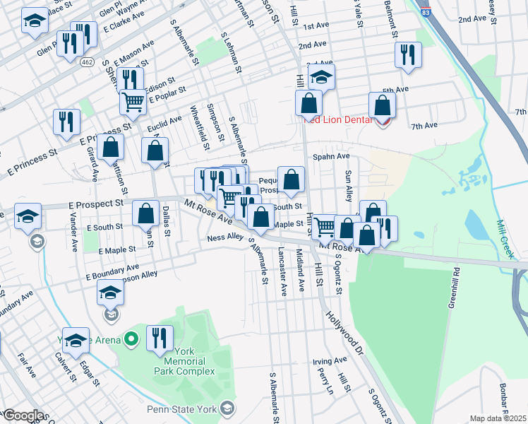 map of restaurants, bars, coffee shops, grocery stores, and more near 1122 East South Street in York