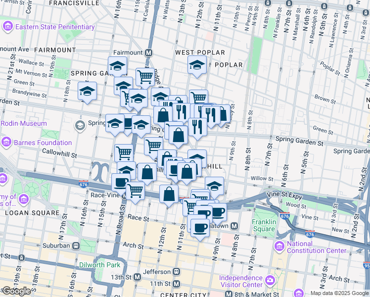 map of restaurants, bars, coffee shops, grocery stores, and more near 428-38 North 11th Street in Philadelphia