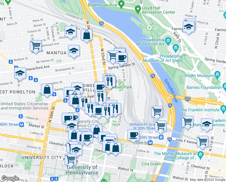 map of restaurants, bars, coffee shops, grocery stores, and more near 3221 Powelton Avenue in Philadelphia