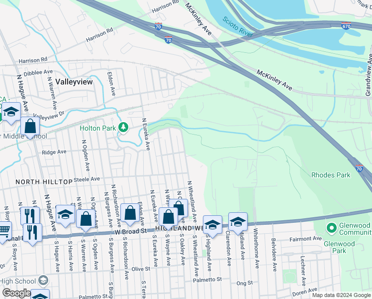 map of restaurants, bars, coffee shops, grocery stores, and more near 216 North Wheatland Avenue in Columbus