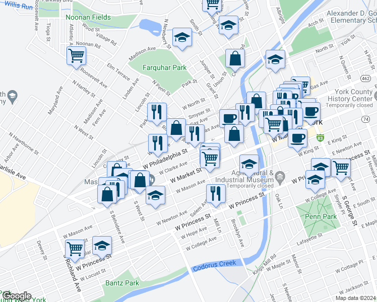 map of restaurants, bars, coffee shops, grocery stores, and more near 416 West Philadelphia Street in York
