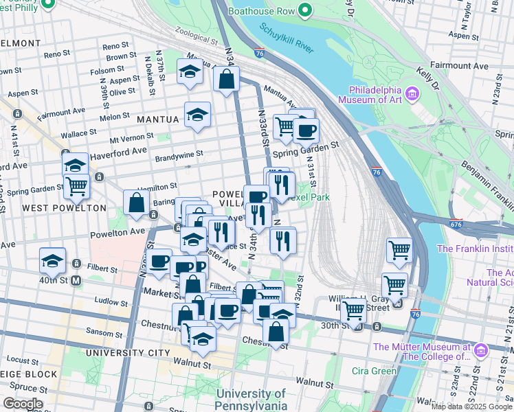 map of restaurants, bars, coffee shops, grocery stores, and more near 309 North 34th Street in Philadelphia