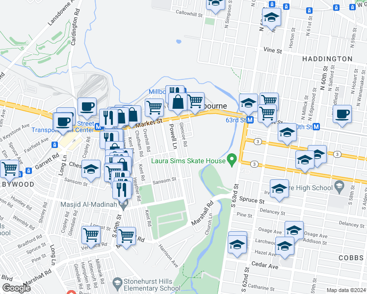 map of restaurants, bars, coffee shops, grocery stores, and more near 114 Glencoe Road in Upper Darby