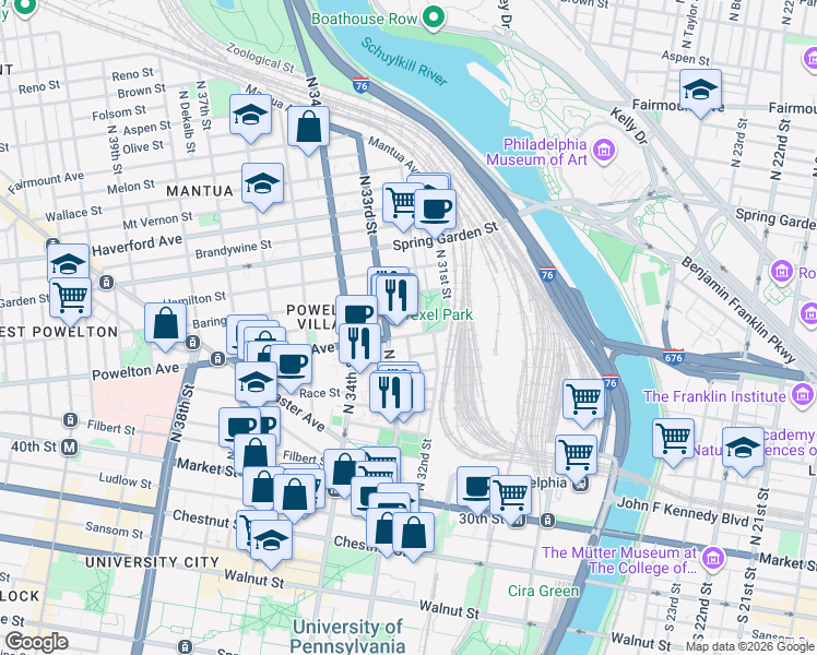 map of restaurants, bars, coffee shops, grocery stores, and more near 229 North 33rd Street in Philadelphia
