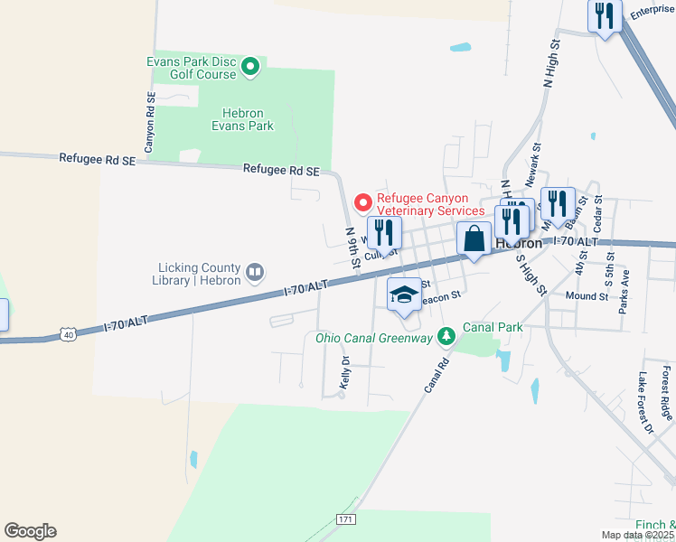 map of restaurants, bars, coffee shops, grocery stores, and more near 109 Lakewood Drive in Hebron