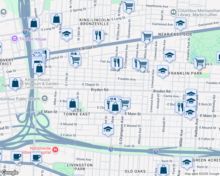 map of restaurants, bars, coffee shops, grocery stores, and more near 273 1/2 South Ohio Avenue in Columbus