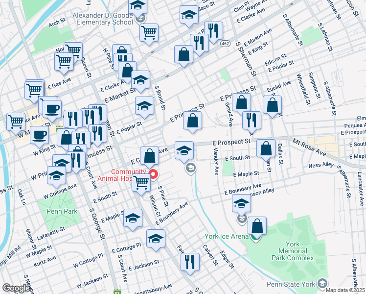 map of restaurants, bars, coffee shops, grocery stores, and more near 444 East Prospect Street in York