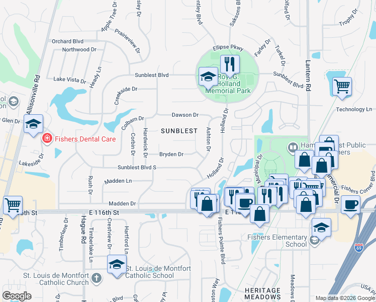 map of restaurants, bars, coffee shops, grocery stores, and more near 7820 Bryden Drive in Fishers