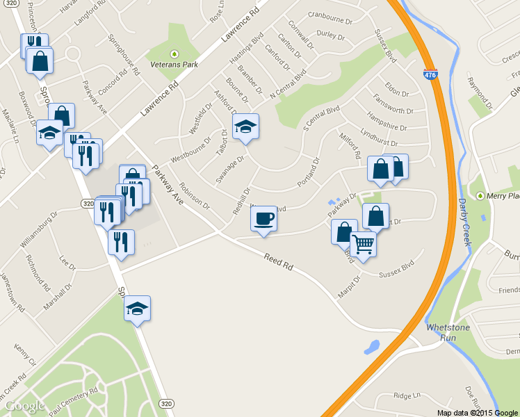 map of restaurants, bars, coffee shops, grocery stores, and more near 421 Warren Boulevard in Broomall