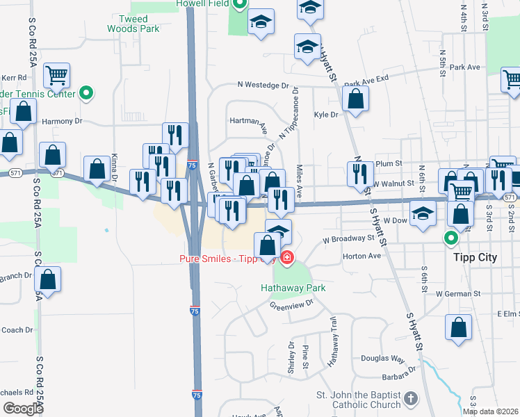 map of restaurants, bars, coffee shops, grocery stores, and more near 970 West Main Street in Tipp City