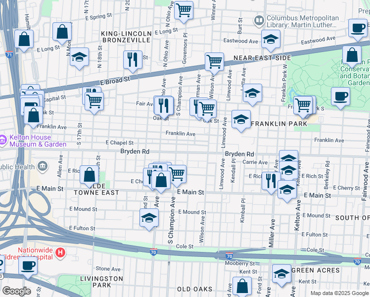 map of restaurants, bars, coffee shops, grocery stores, and more near 1191 Bryden Road in Columbus