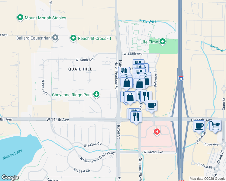 map of restaurants, bars, coffee shops, grocery stores, and more near 14502 Inca Court in Westminster
