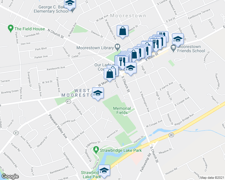 map of restaurants, bars, coffee shops, grocery stores, and more near 18 East Close in Moorestown