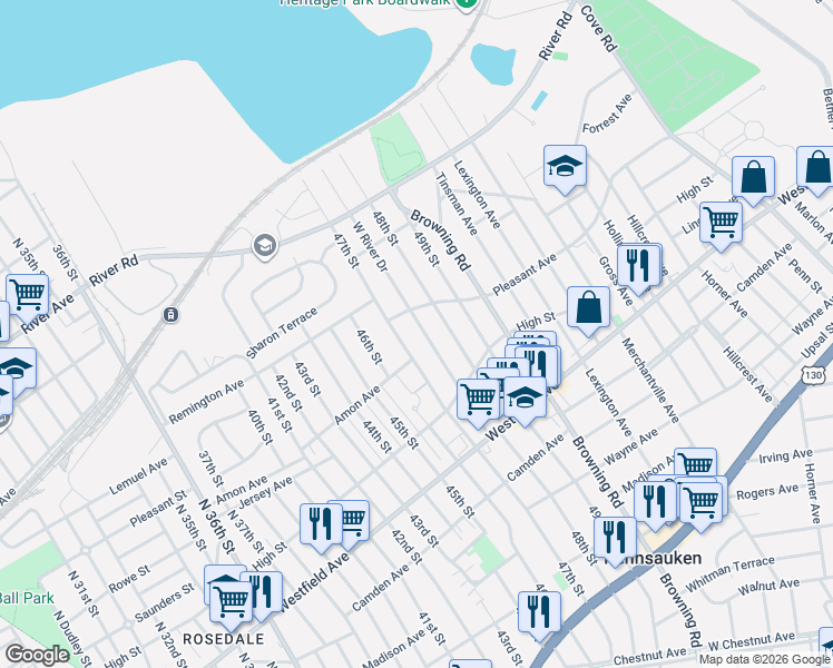 map of restaurants, bars, coffee shops, grocery stores, and more near 1813 West River Drive in Pennsauken Township