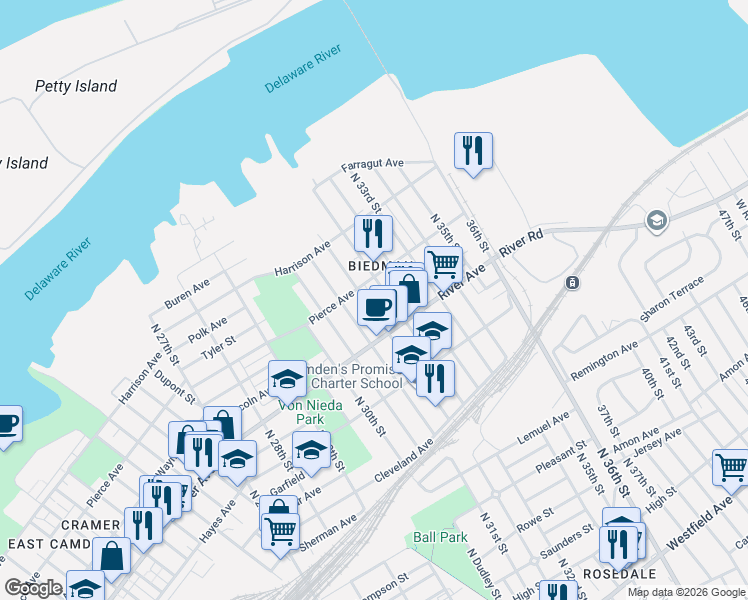 map of restaurants, bars, coffee shops, grocery stores, and more near 3153 River Road in Camden