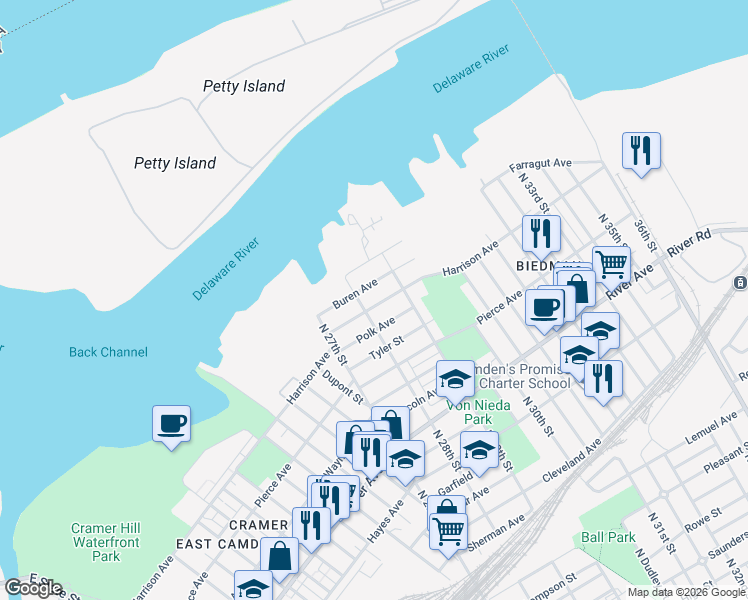 map of restaurants, bars, coffee shops, grocery stores, and more near 2805 Polk Avenue in Camden