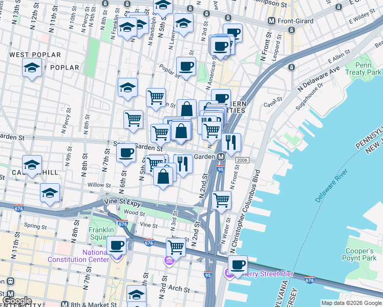 map of restaurants, bars, coffee shops, grocery stores, and more near 200-24 Spring Garden Street in Philadelphia