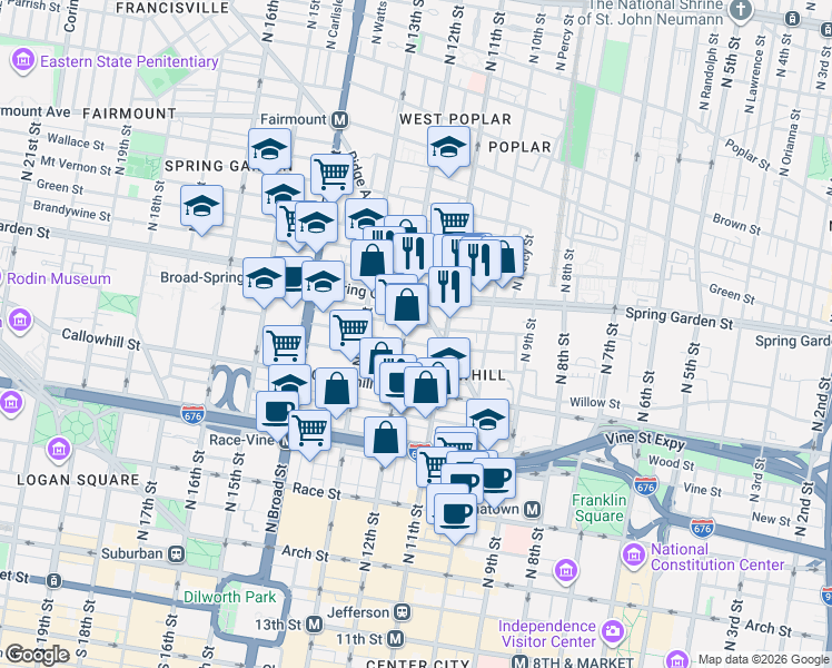 map of restaurants, bars, coffee shops, grocery stores, and more near 428-38 North 11th Street in Philadelphia
