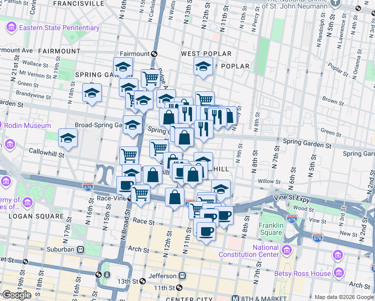 map of restaurants, bars, coffee shops, grocery stores, and more near 428-38 North 11th Street in Philadelphia
