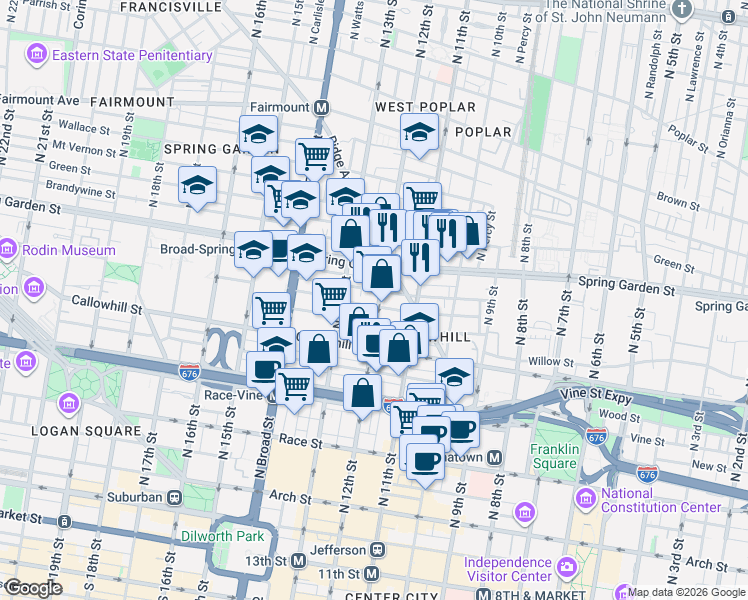 map of restaurants, bars, coffee shops, grocery stores, and more near 428-38 North 11th Street in Philadelphia