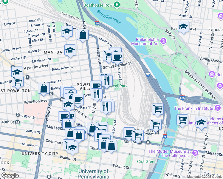 map of restaurants, bars, coffee shops, grocery stores, and more near 229 North 33rd Street in Philadelphia