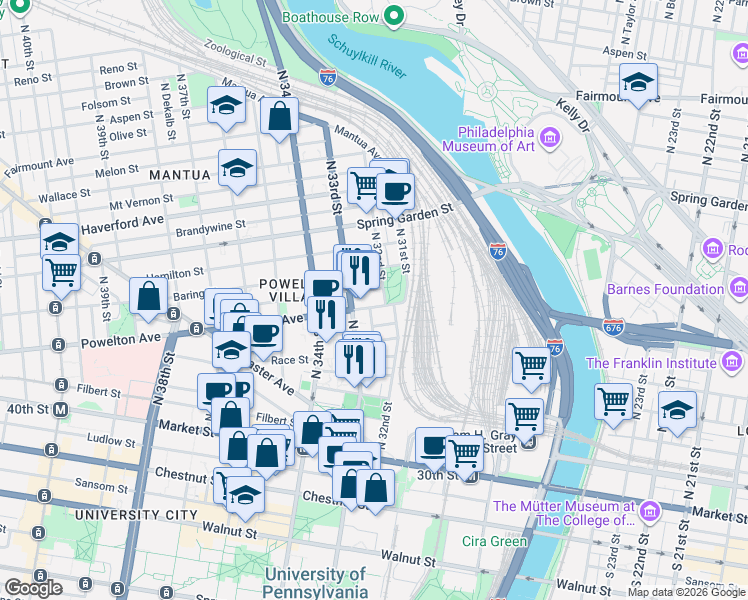 map of restaurants, bars, coffee shops, grocery stores, and more near 229 North 33rd Street in Philadelphia