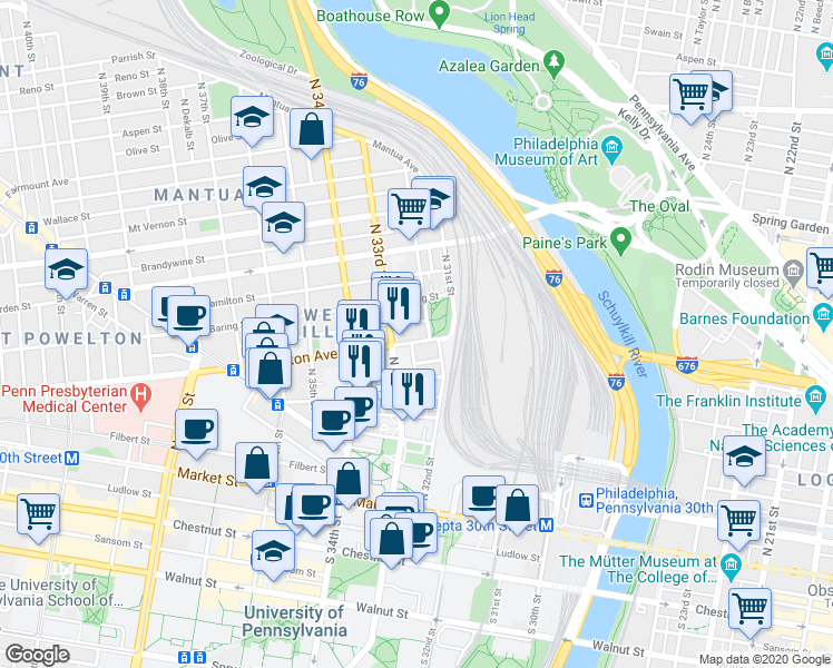 map of restaurants, bars, coffee shops, grocery stores, and more near 229 North 33rd Street in Philadelphia