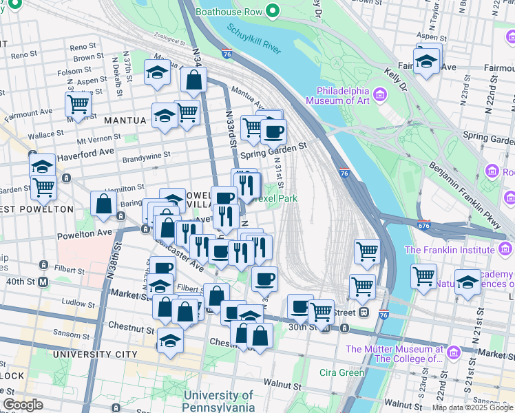map of restaurants, bars, coffee shops, grocery stores, and more near 229 North 33rd Street in Philadelphia