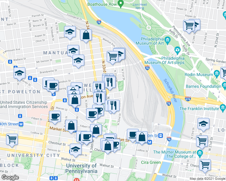 map of restaurants, bars, coffee shops, grocery stores, and more near 229 North 33rd Street in Philadelphia