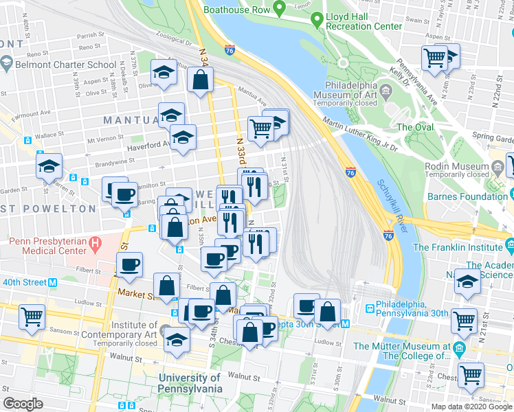 map of restaurants, bars, coffee shops, grocery stores, and more near 229 North 33rd Street in Philadelphia
