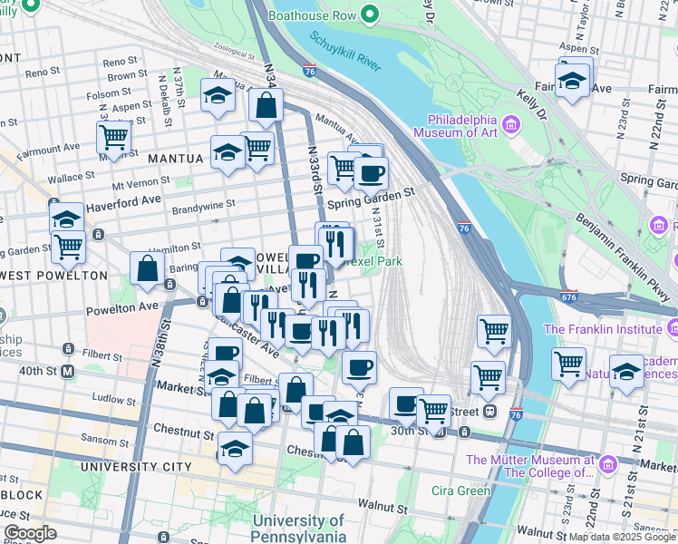 map of restaurants, bars, coffee shops, grocery stores, and more near 229 North 33rd Street in Philadelphia