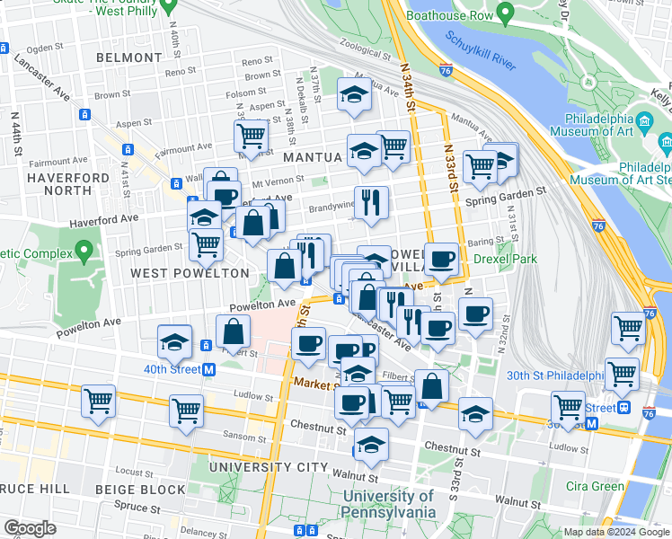 map of restaurants, bars, coffee shops, grocery stores, and more near in Philadelphia