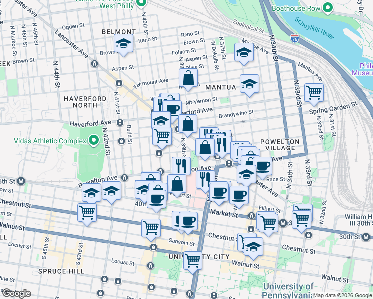 map of restaurants, bars, coffee shops, grocery stores, and more near in Philadelphia