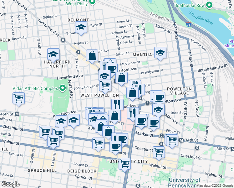 map of restaurants, bars, coffee shops, grocery stores, and more near 3907 Powelton Avenue in Philadelphia