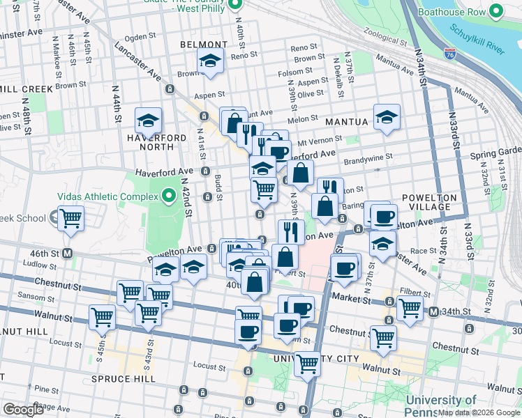map of restaurants, bars, coffee shops, grocery stores, and more near 318 North 40th Street in Philadelphia