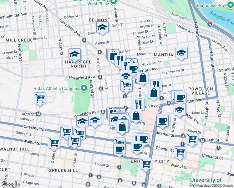 map of restaurants, bars, coffee shops, grocery stores, and more near 318 North 40th Street in Philadelphia