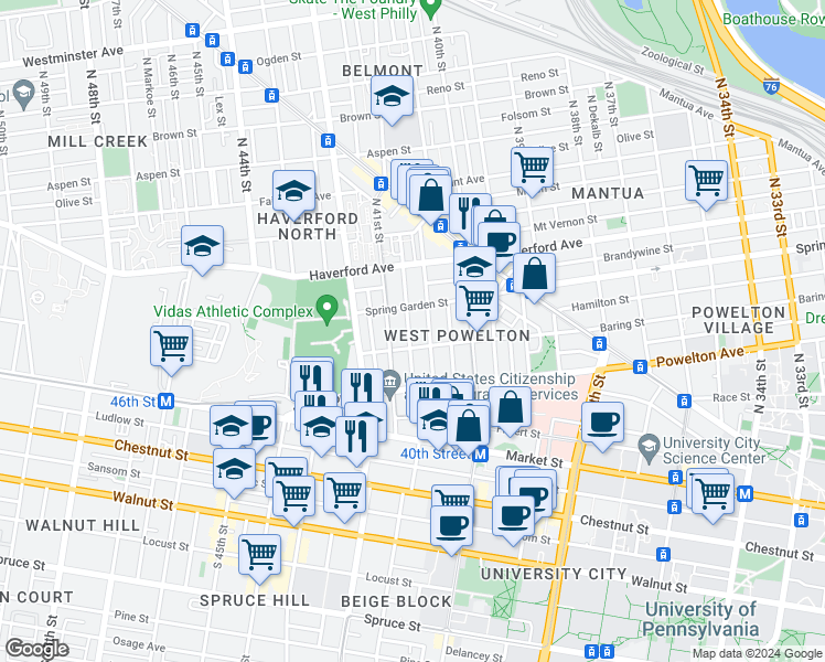 map of restaurants, bars, coffee shops, grocery stores, and more near 4036 Baring Street in Philadelphia